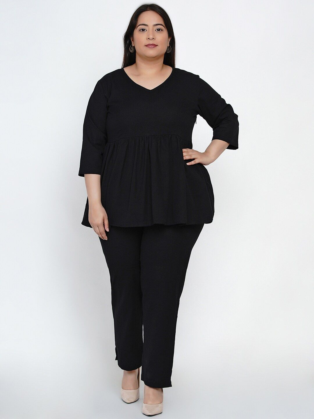 Fabnest Curve Plus Size Women Black Solid Top with Trousers