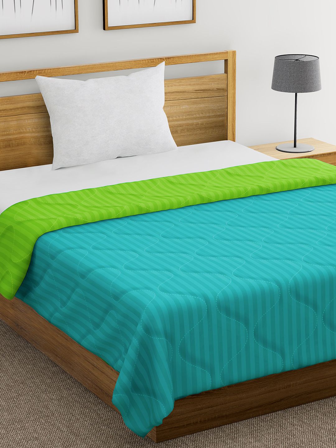 Divine Casa Turquoise Blue & Lime Green Striped Mild Winter 120 GSM Single Bed Comforter Price in India