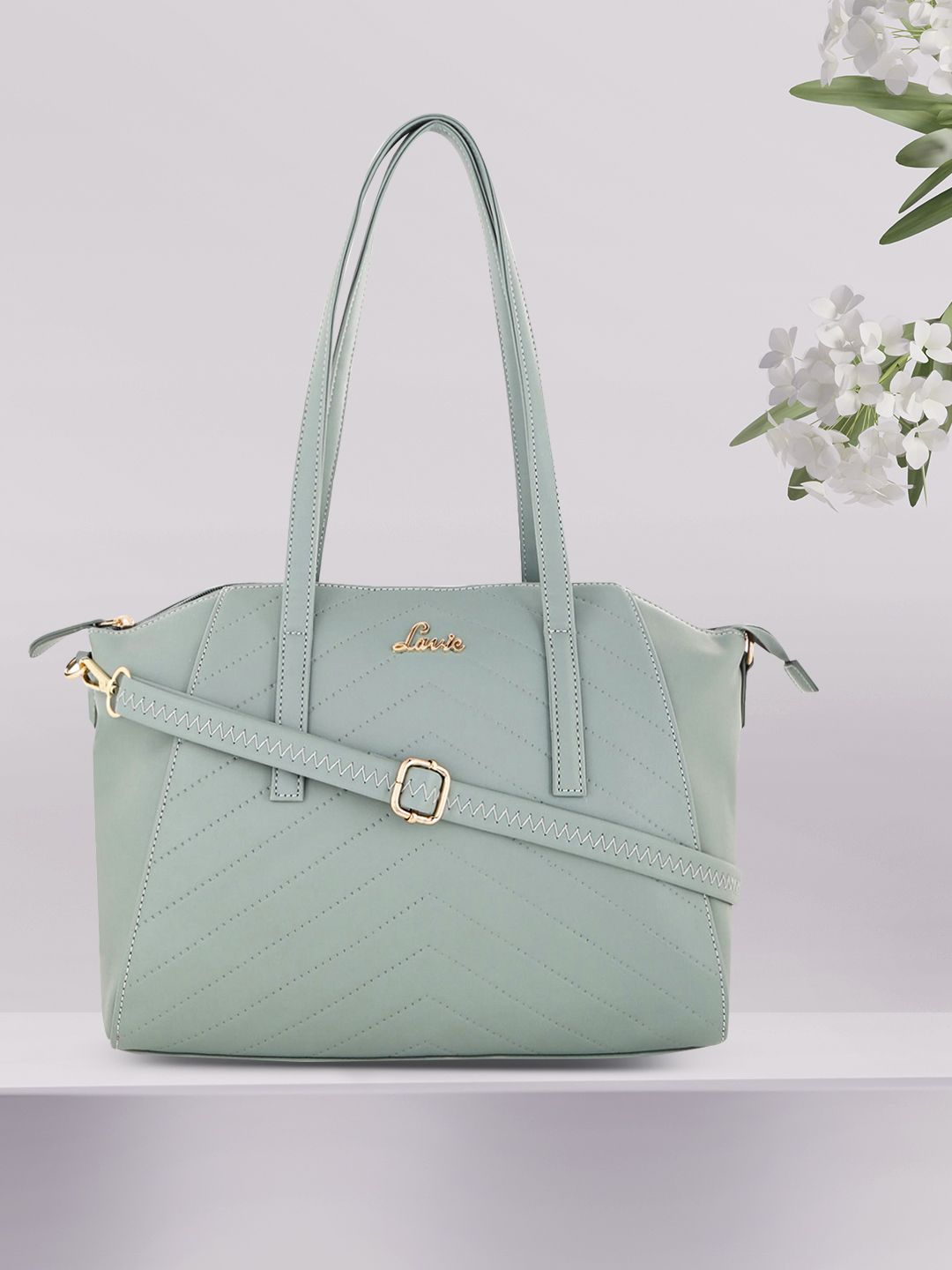 Lavie Mint Green Textured Structured Shoulder Bag with Detachable Sling Strap Price in India