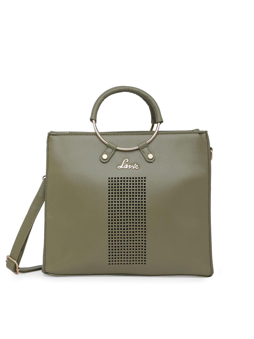 Lavie Olive Green Laser Cut Structured Handheld Bag with Detachable Sling Strap Price in India
