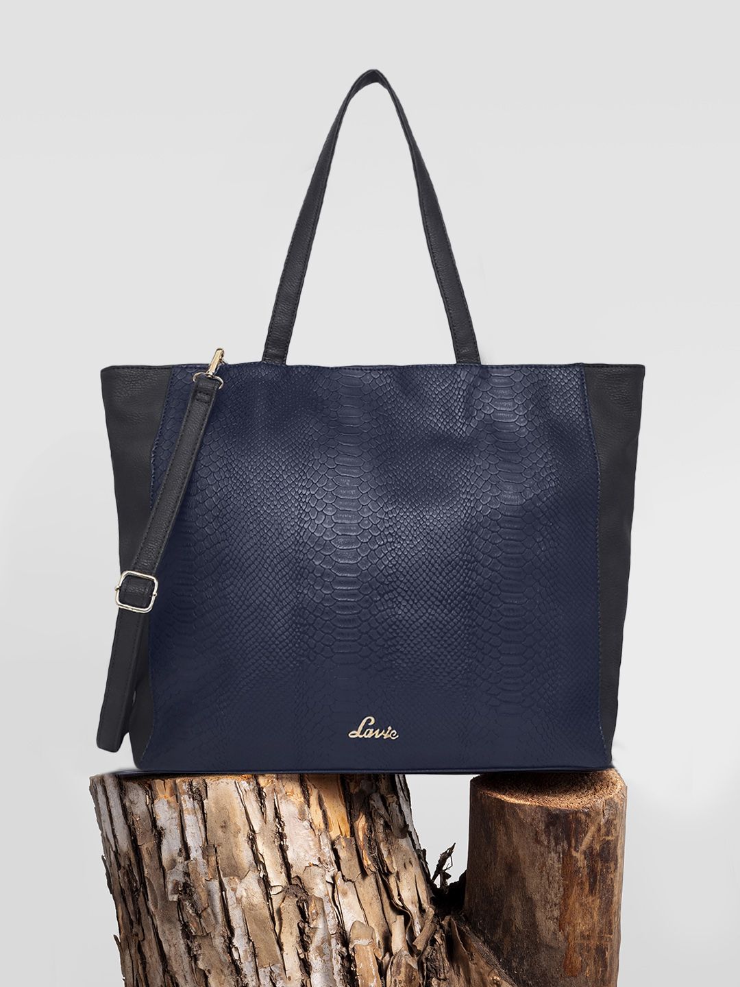 Lavie Navy Snakeskin Textured Laptop Shoulder Bag with Detachable Sling Strap Price in India