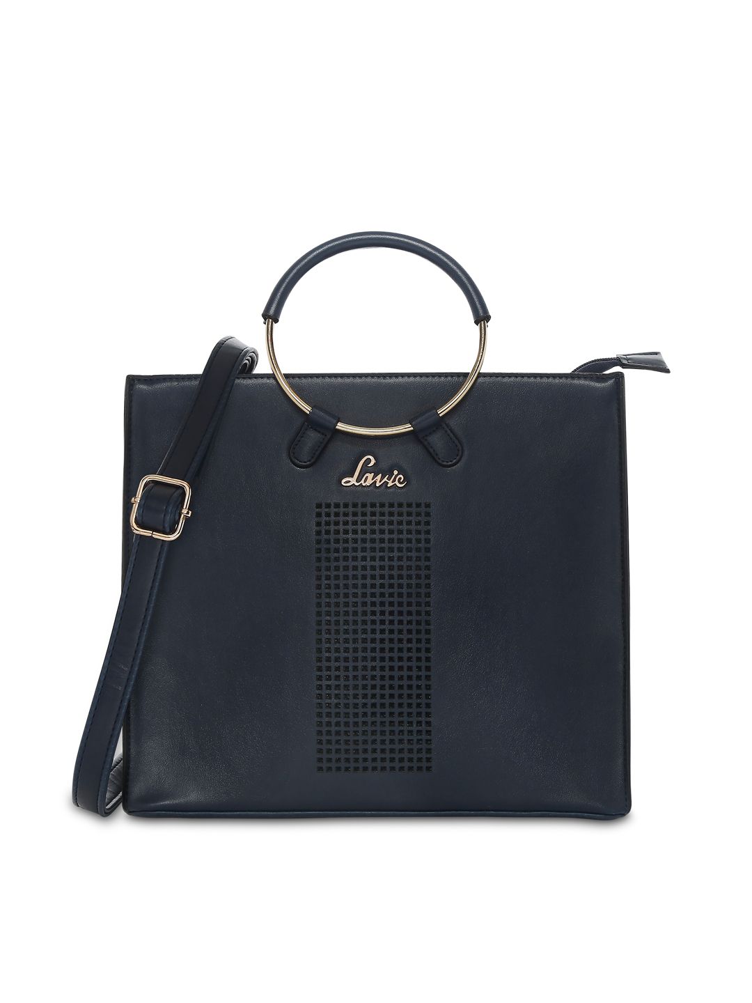 Lavie Navy Blue Laser Cut Structured Handheld Bag with Detachable Sling Strap Price in India