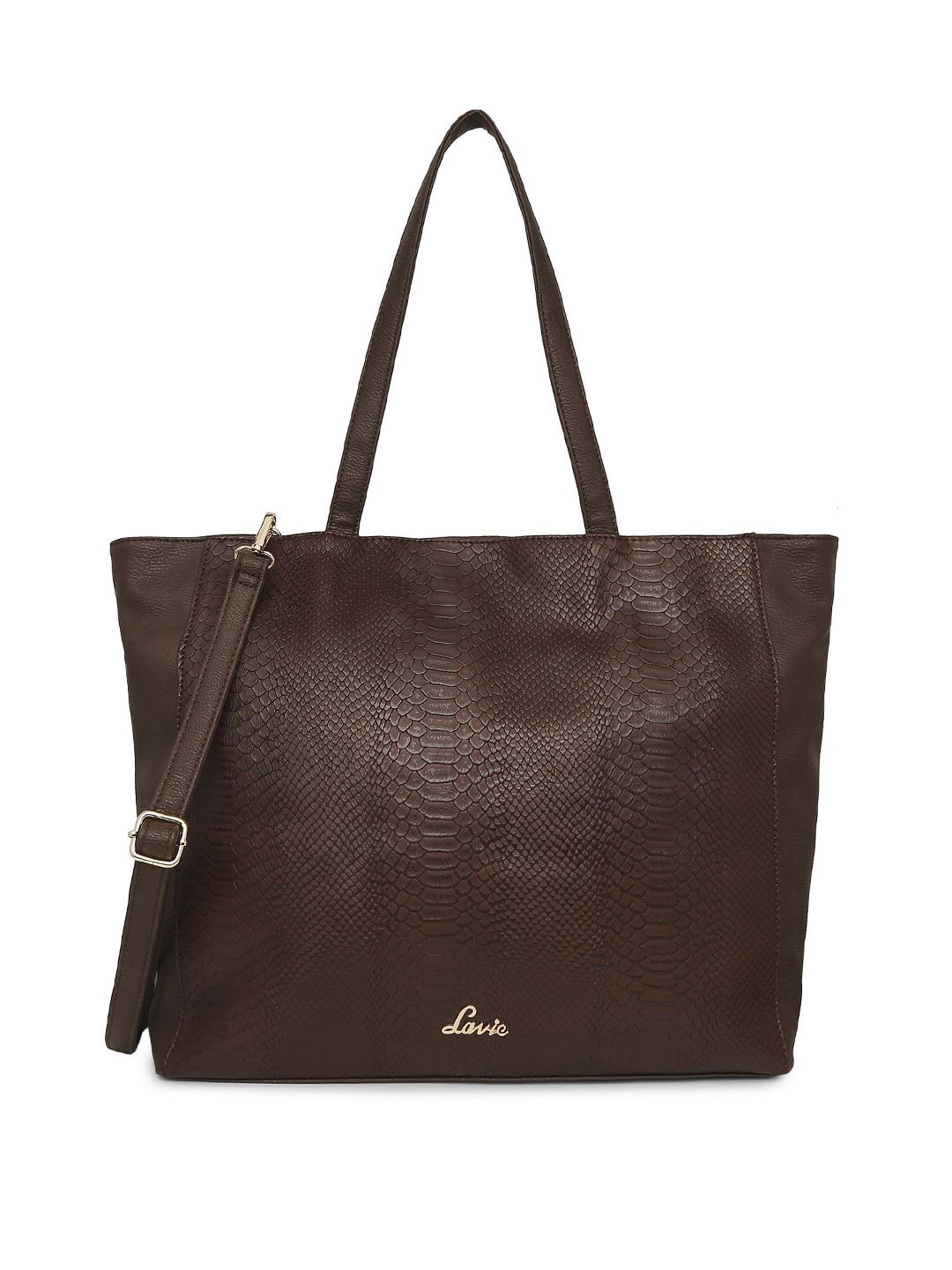 Lavie Coffee Brown Snakeskin Textured Laptop Shoulder Bag with Detachable Sling Strap Price in India