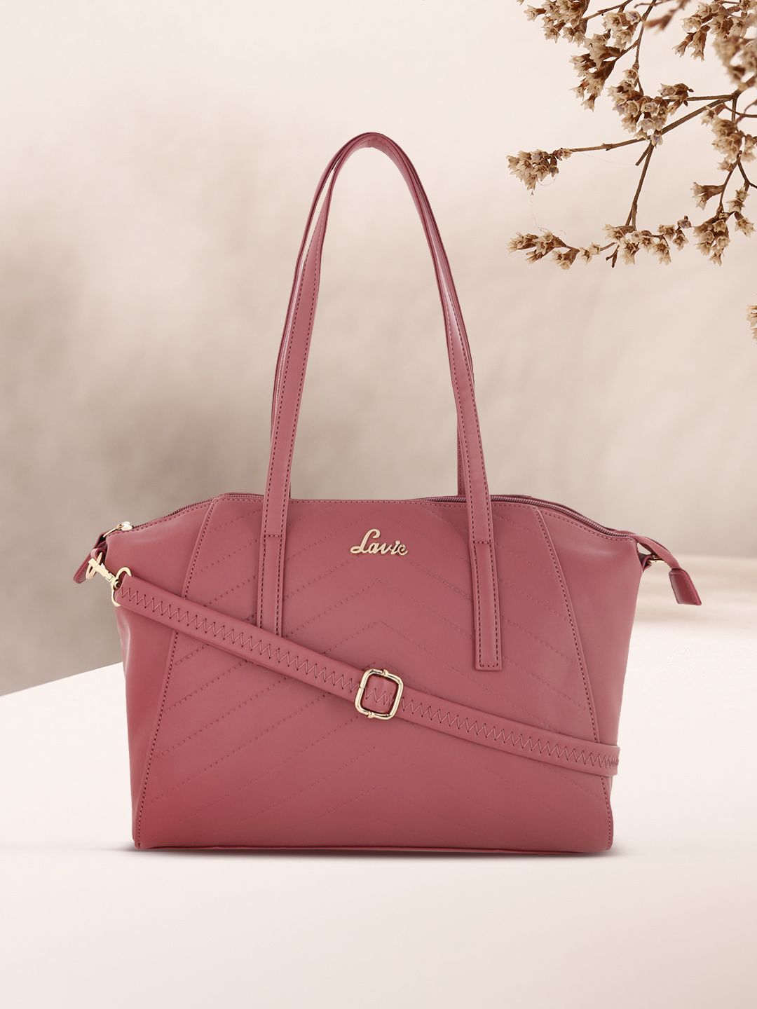 Lavie Dusty Pink Textured Structured Shoulder Bag with Detachable Sling Strap Price in India
