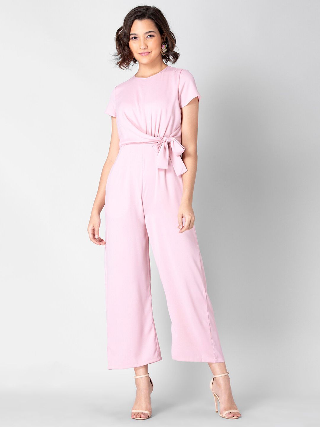 FabAlley Women Pink Solid Tie Up Wrap Jumpsuit Price in India