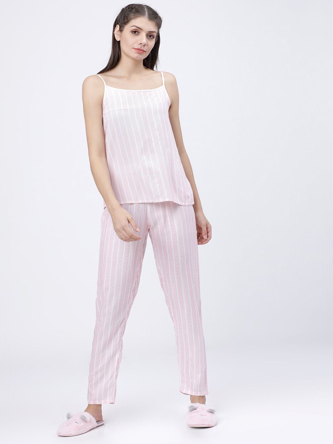 Tokyo Talkies Women Pink & White Striped Night suit Price in India