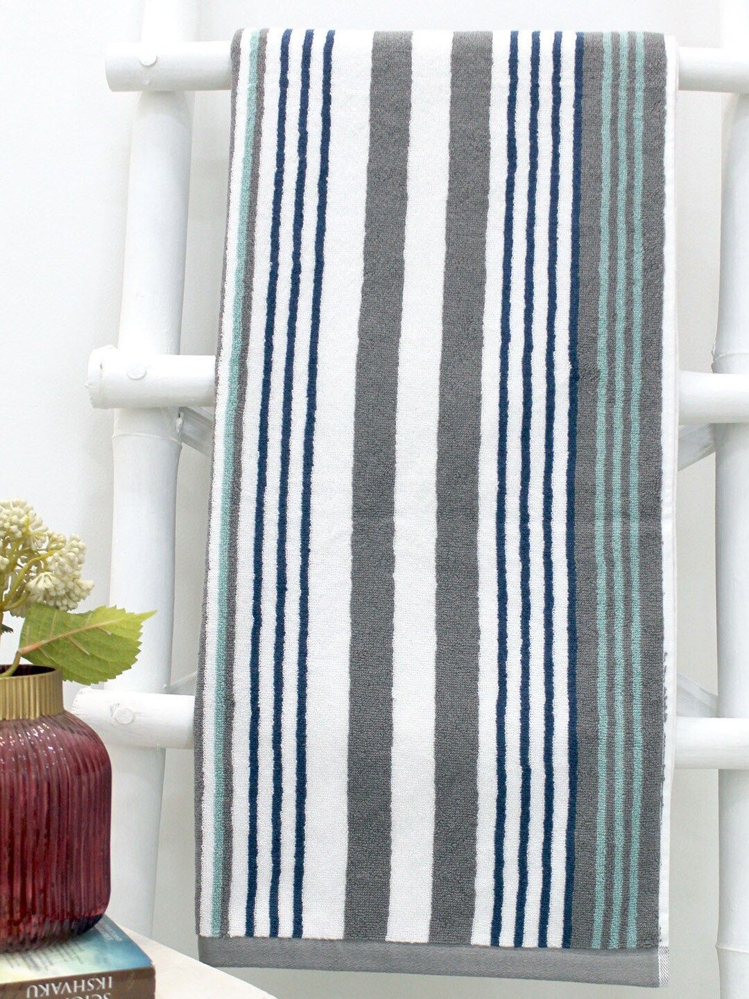 AVI Living Green & Grey Striped 550 GSM Bath Towel Price in India