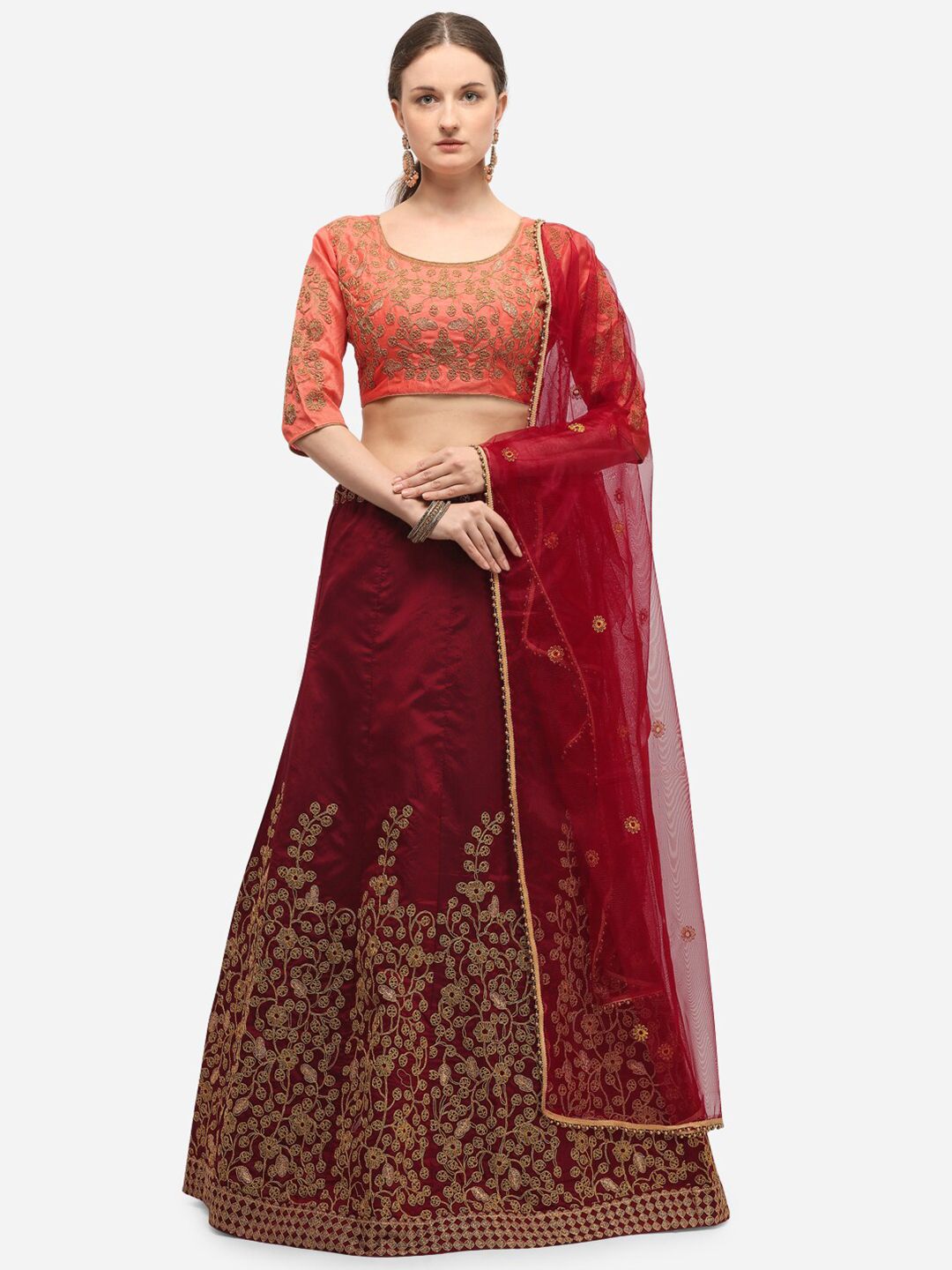 SAADHVI Maroon & Peach-Coloured Embroidered Unstitched Lehenga & Blouse with Dupatta