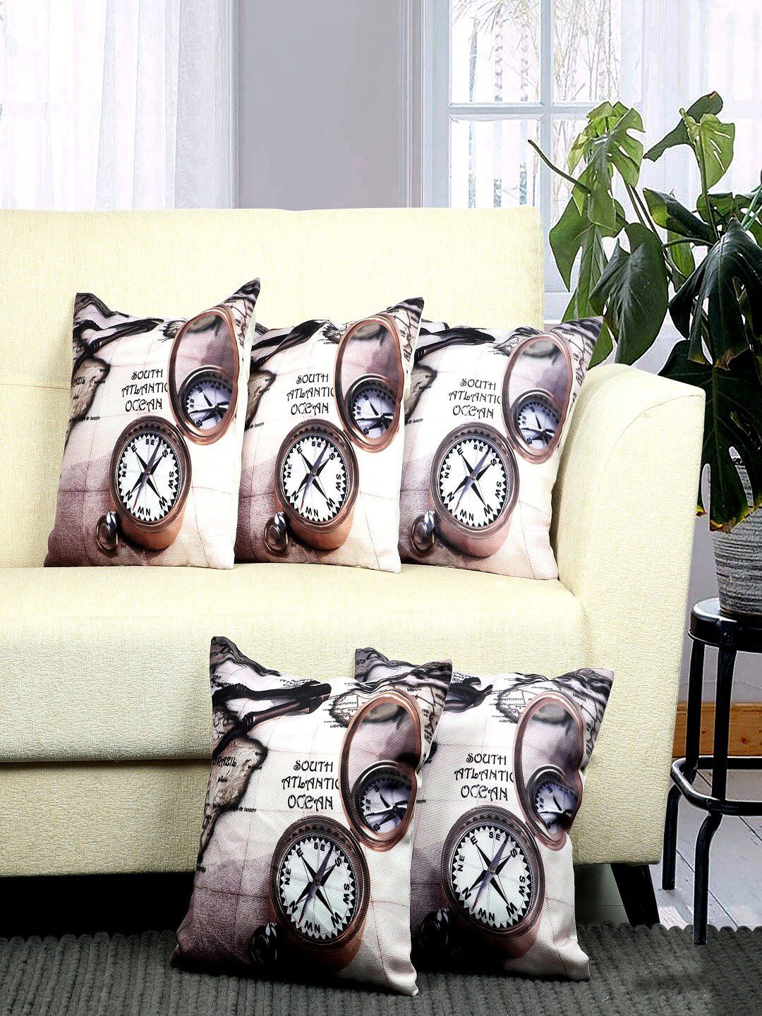 BELLA TRUE Brown & Mauve Set of 5 Abstract Square Cushion Covers Price in India