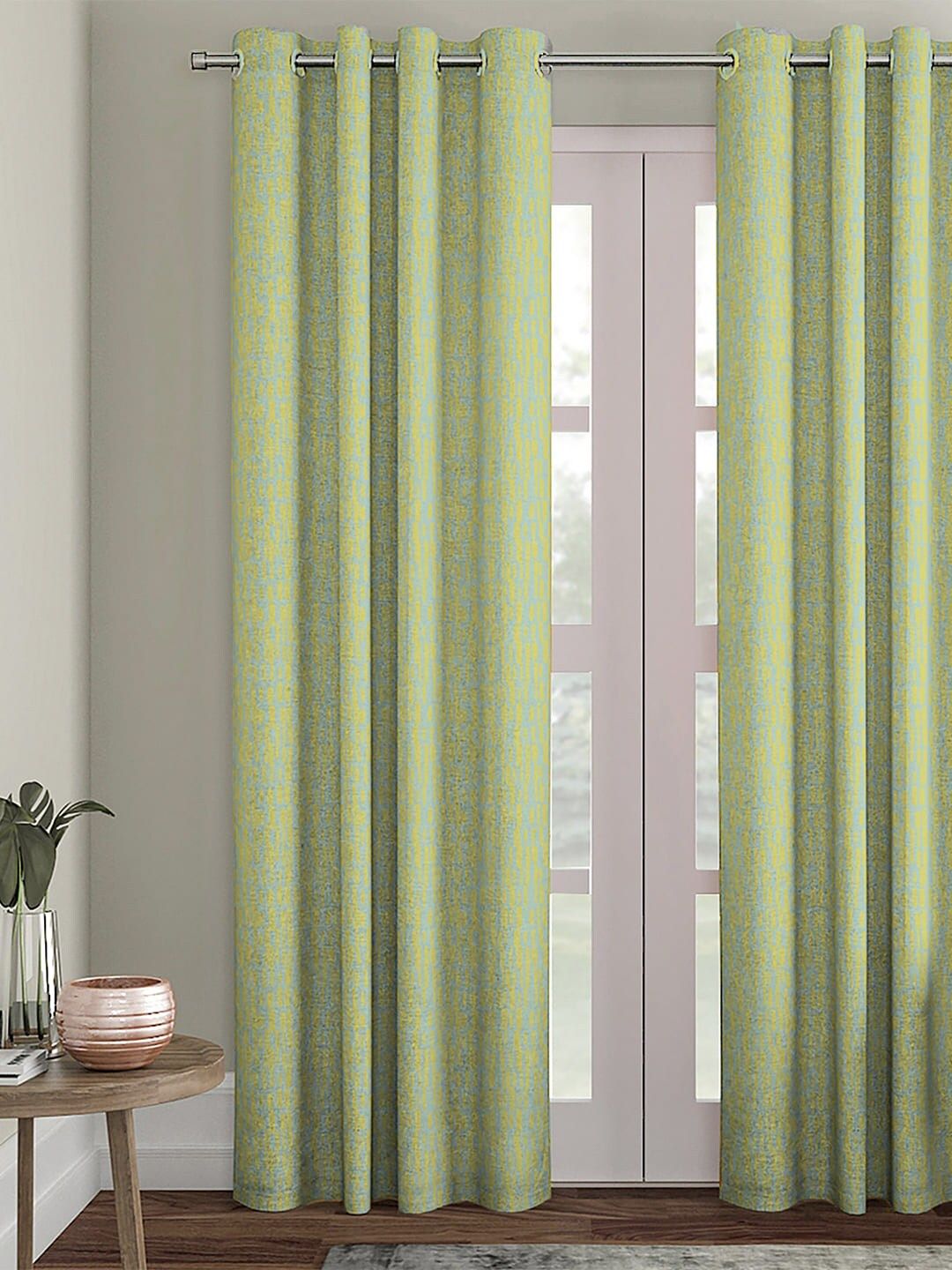 HOUZZCODE Yellow & Green Single Black Out Door Curtain Price in India