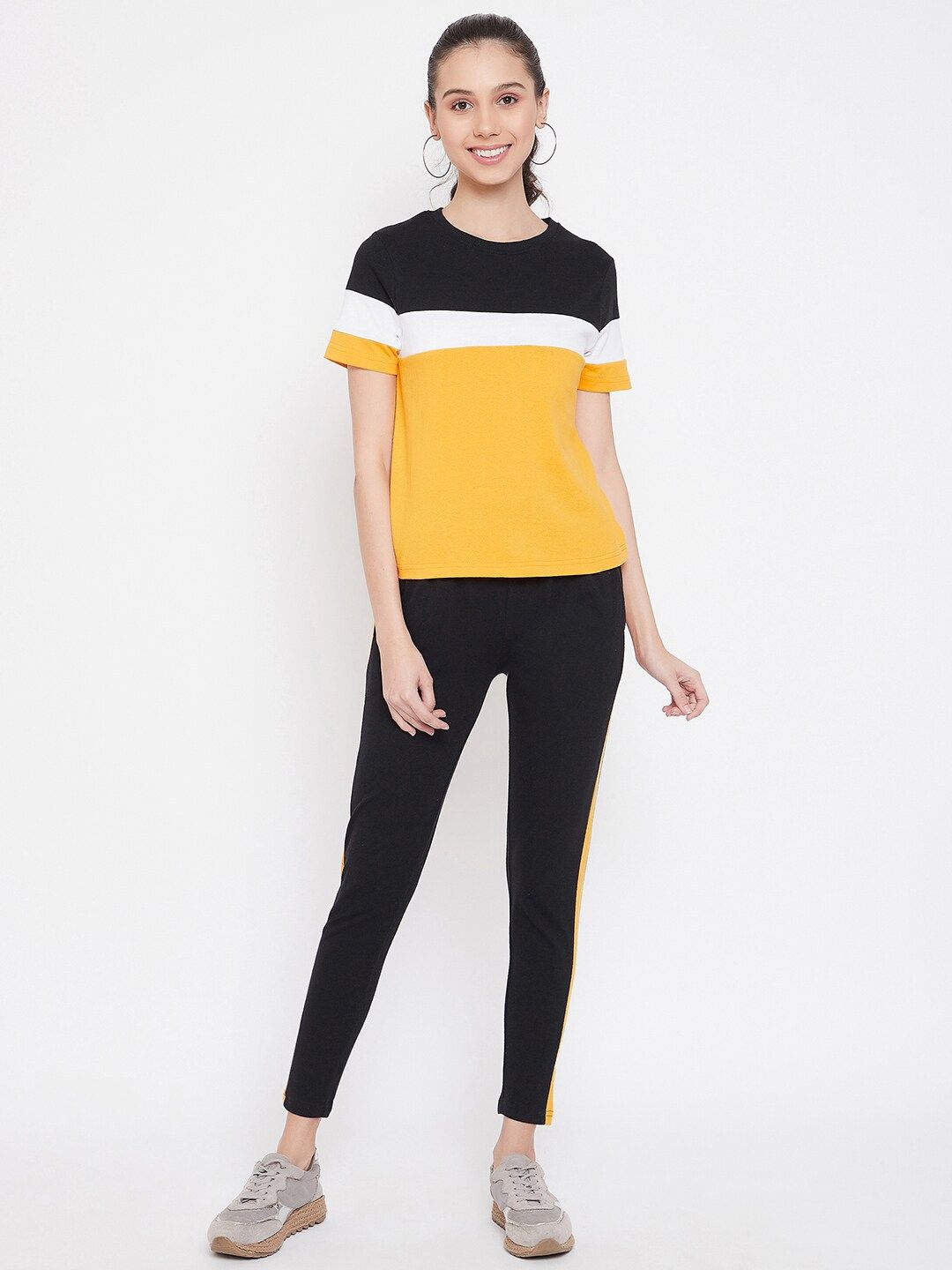 GRITSTONES Women Black & Yellow Colourblocked T-shirt with Track Pants