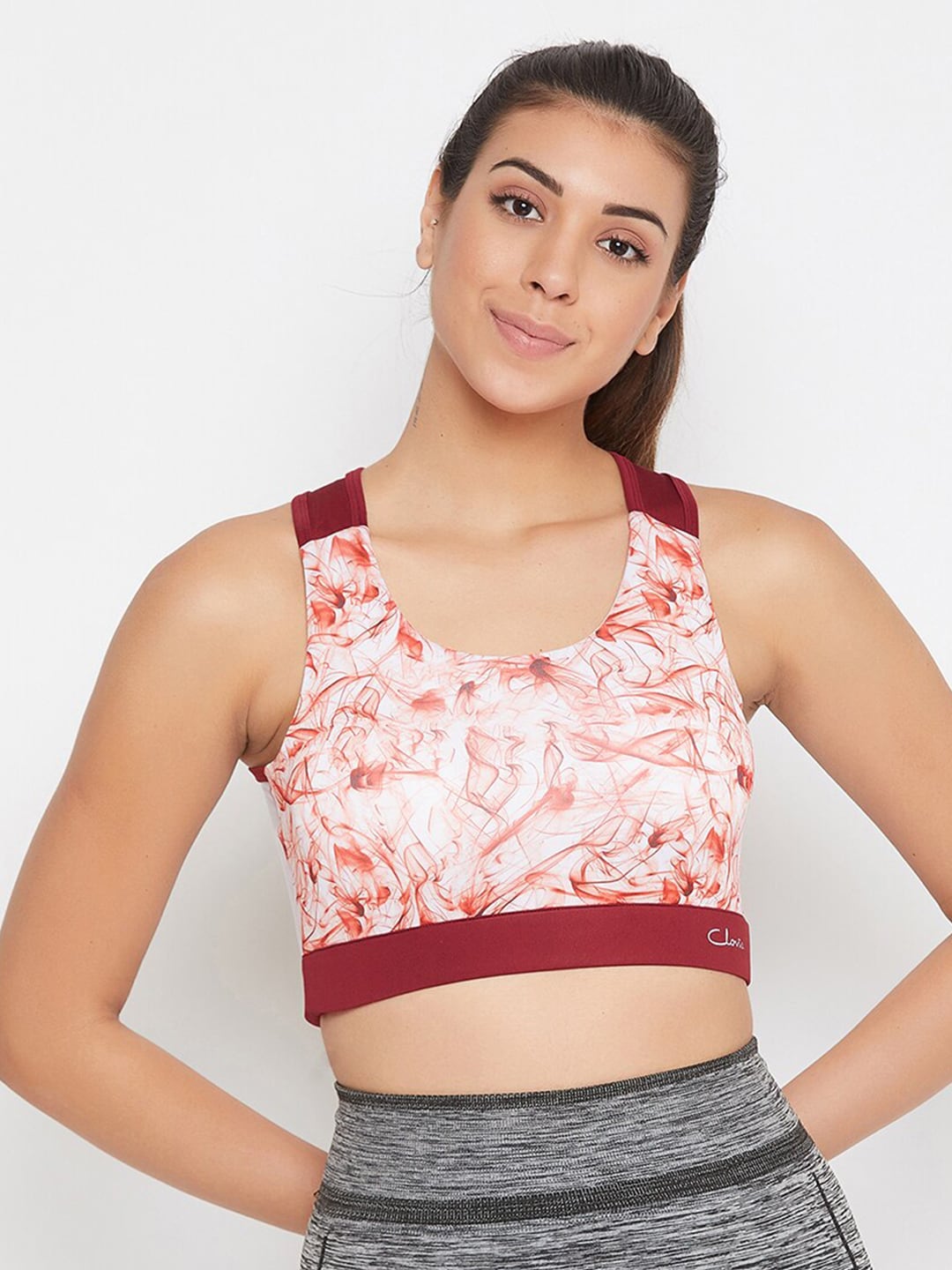 Clovia White & Maroon Printed Non-Wired Lightly Padded Workout Bra BR2054A09XXL Price in India
