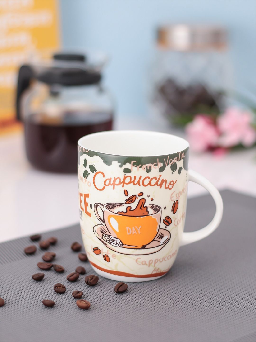 CLAY CRAFT White & Orange Printed Ceramic Mug Price in India