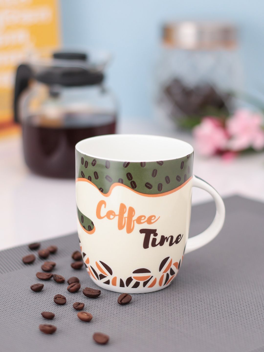 CLAY CRAFT White & Orange Printed Ceramic Mugs 300ml Price in India