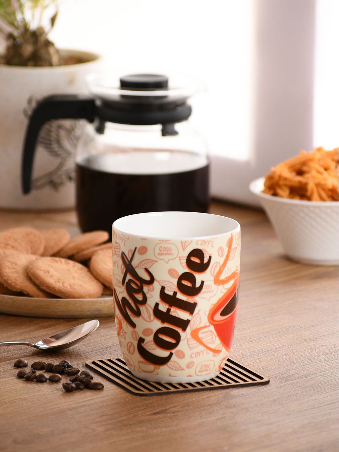 CLAY CRAFT White & Brown Printed Ceramic Mug 300 ml Price in India