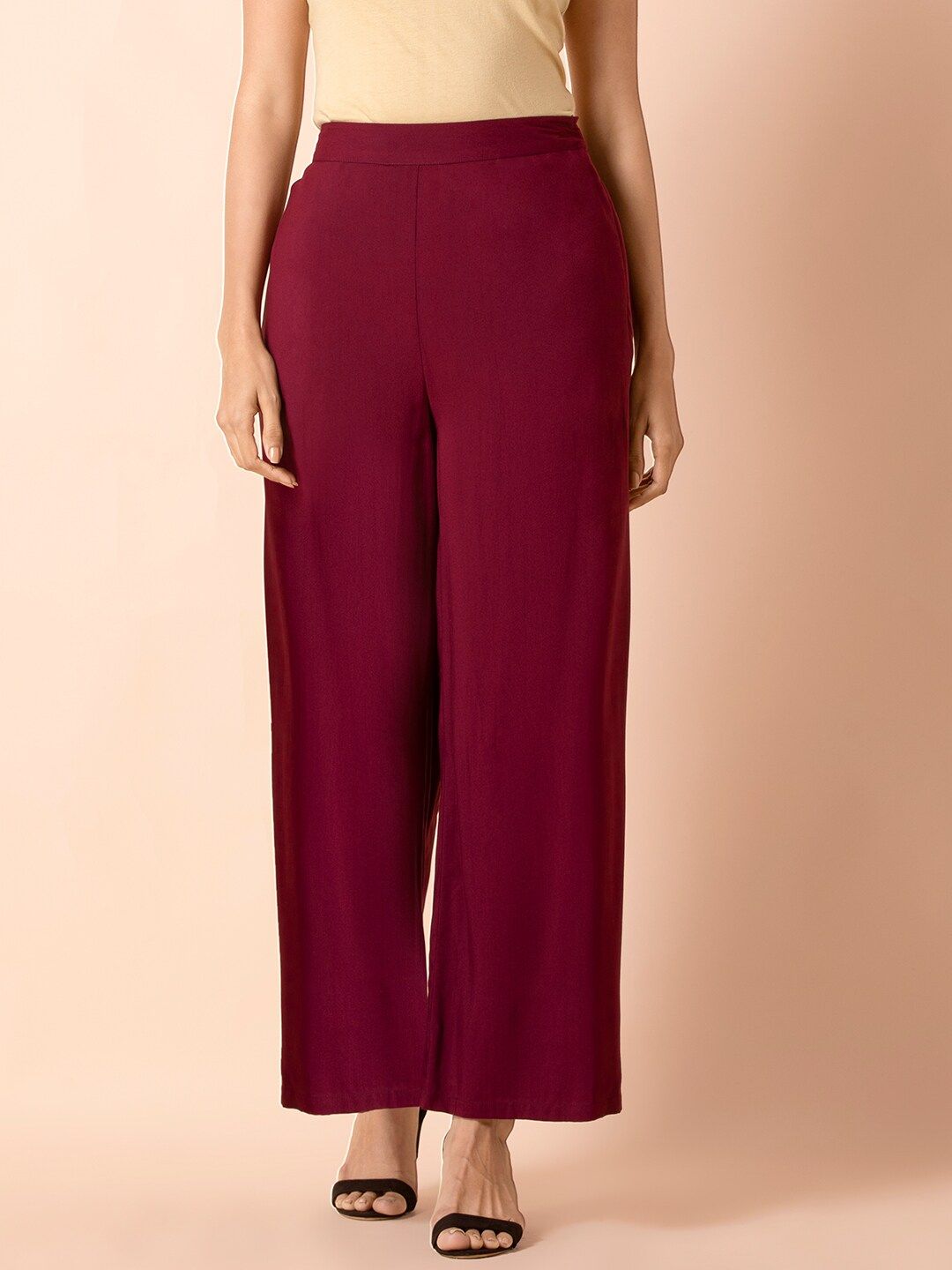 INDYA Women Maroon Solid Wide Leg Palazzos Price in India