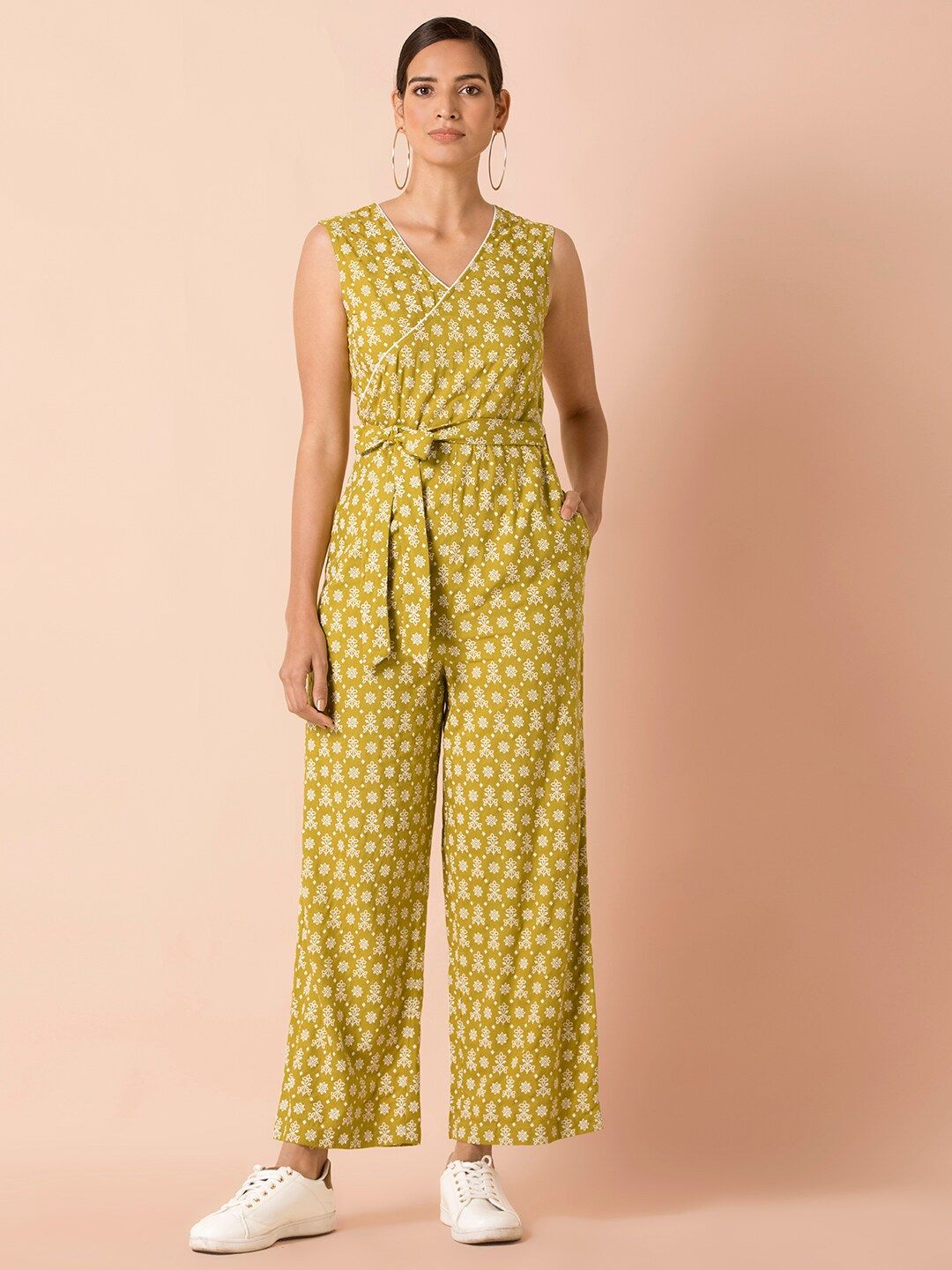 INDYA Women Green & White Printed Basic Jumpsuit Price in India