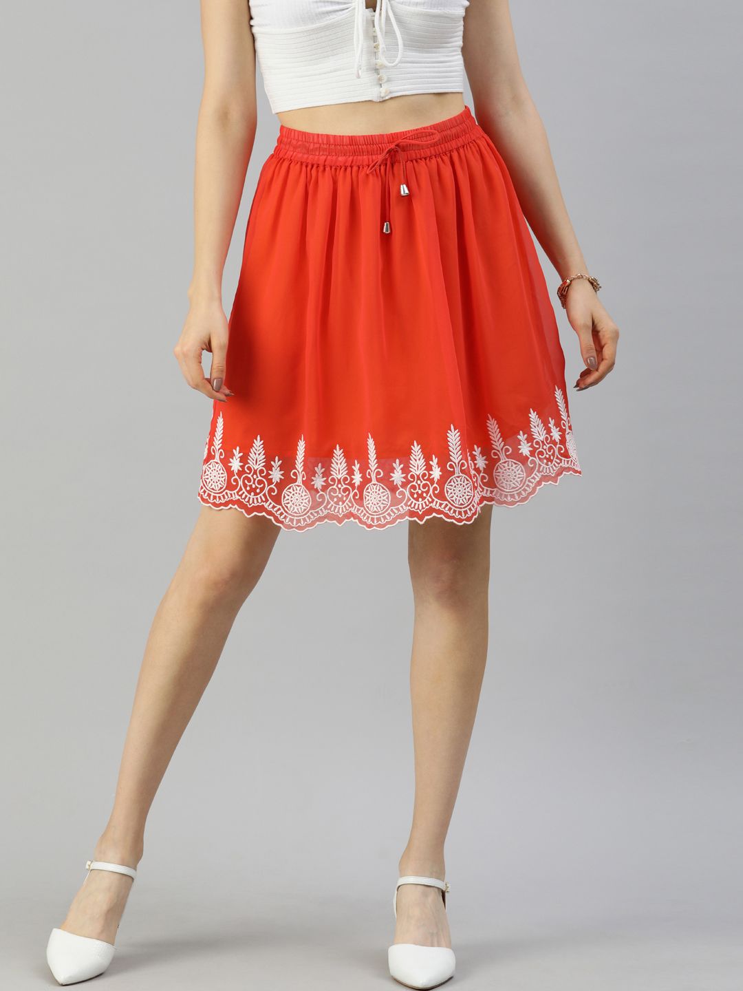 I AM FOR YOU Women Orange & White Embroidered Detail A-Line Skirt with Gathers