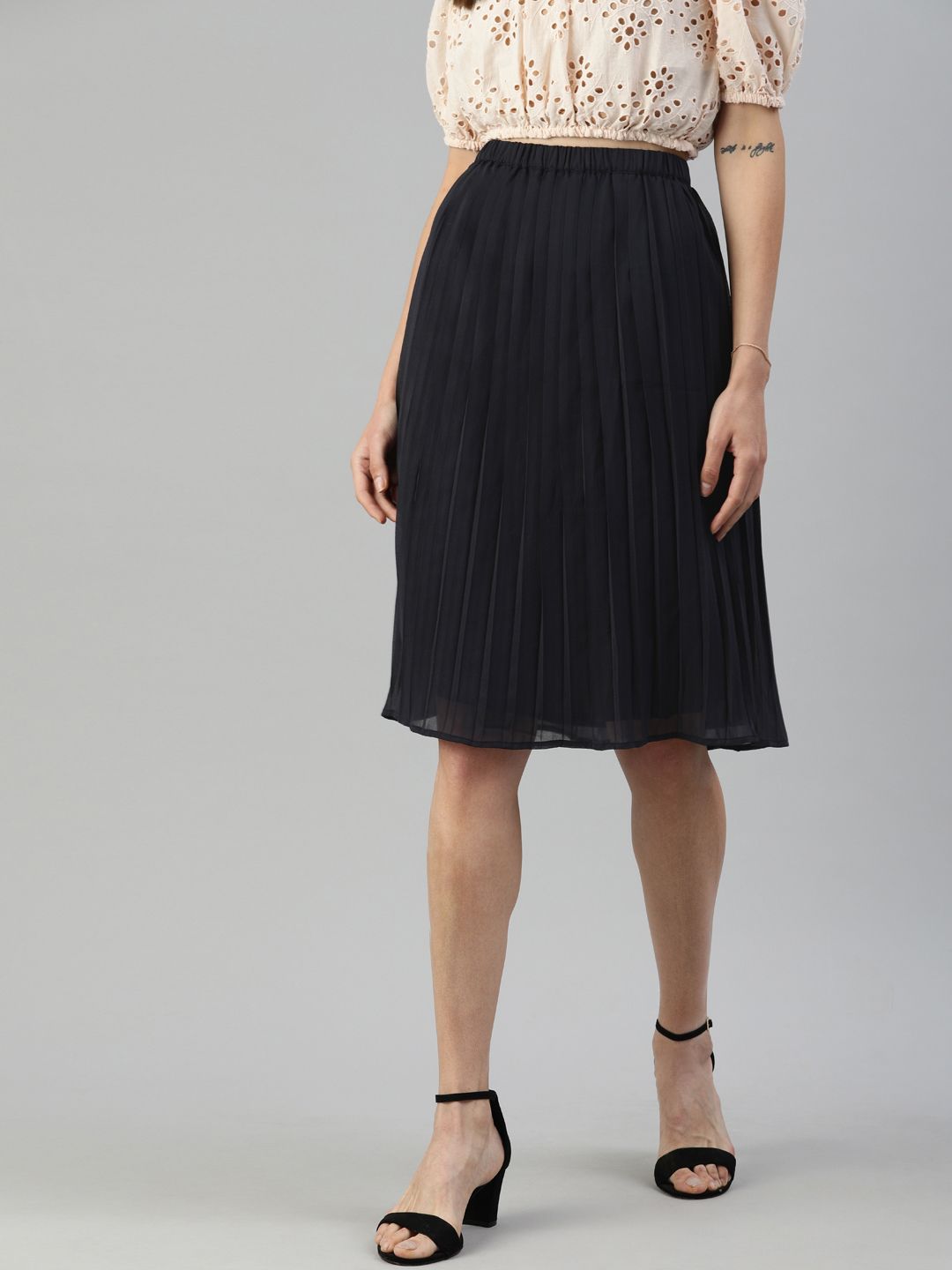 I AM FOR YOU Women Black Solid Pleated A-Line Skirt