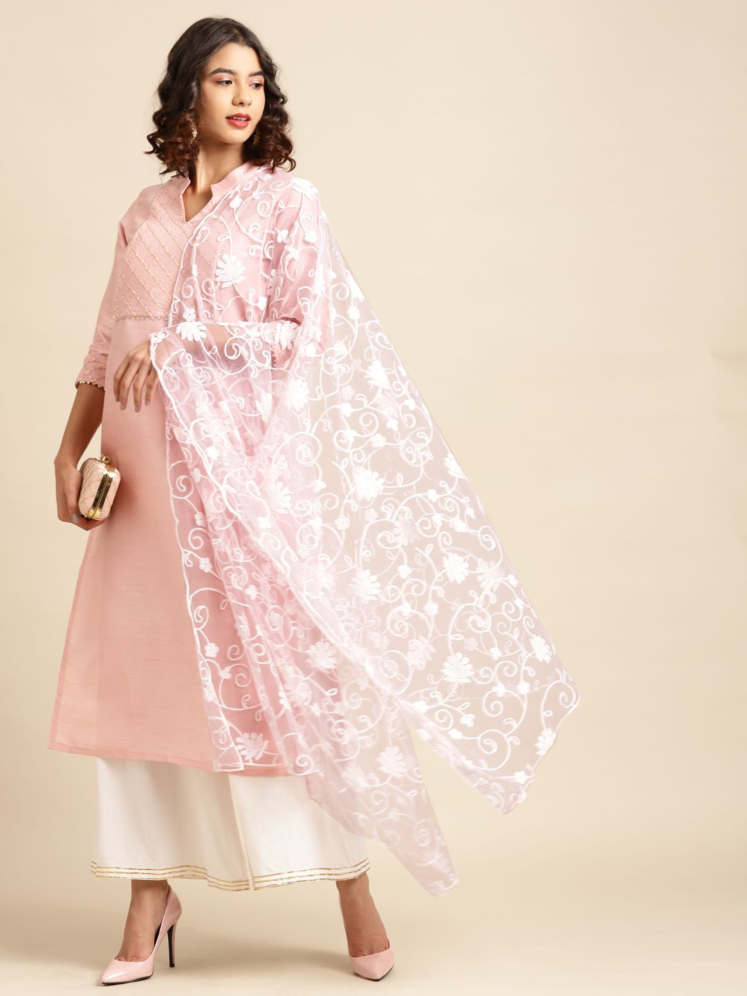 Saadgi Pink Ethnic Motifs Aari Embroidered Dupatta Price in India