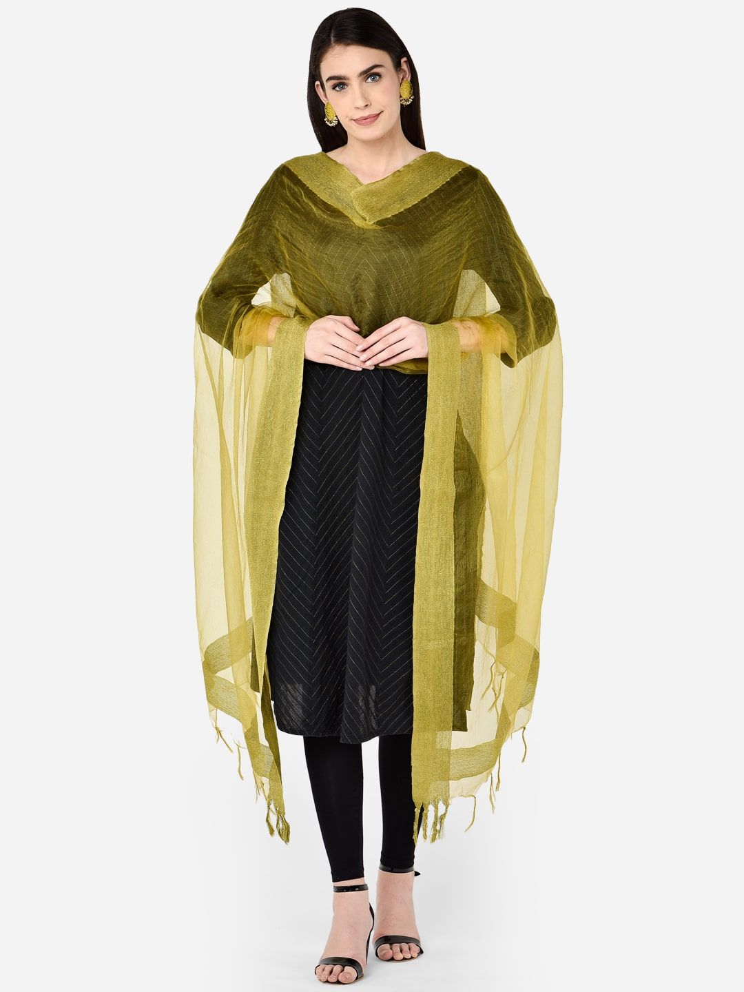 Dupatta Bazaar Olive Green Solid Organza Dupatta Price in India