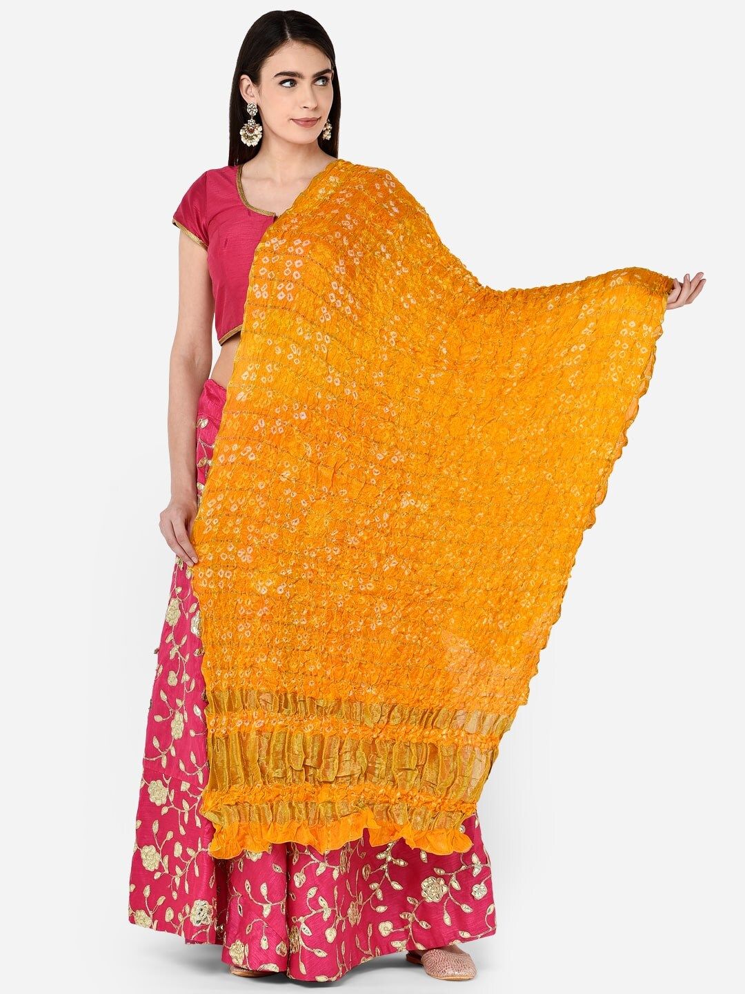 Dupatta Bazaar Orange & Gold-Toned Bandhini Gharchola Dupatta Price in India