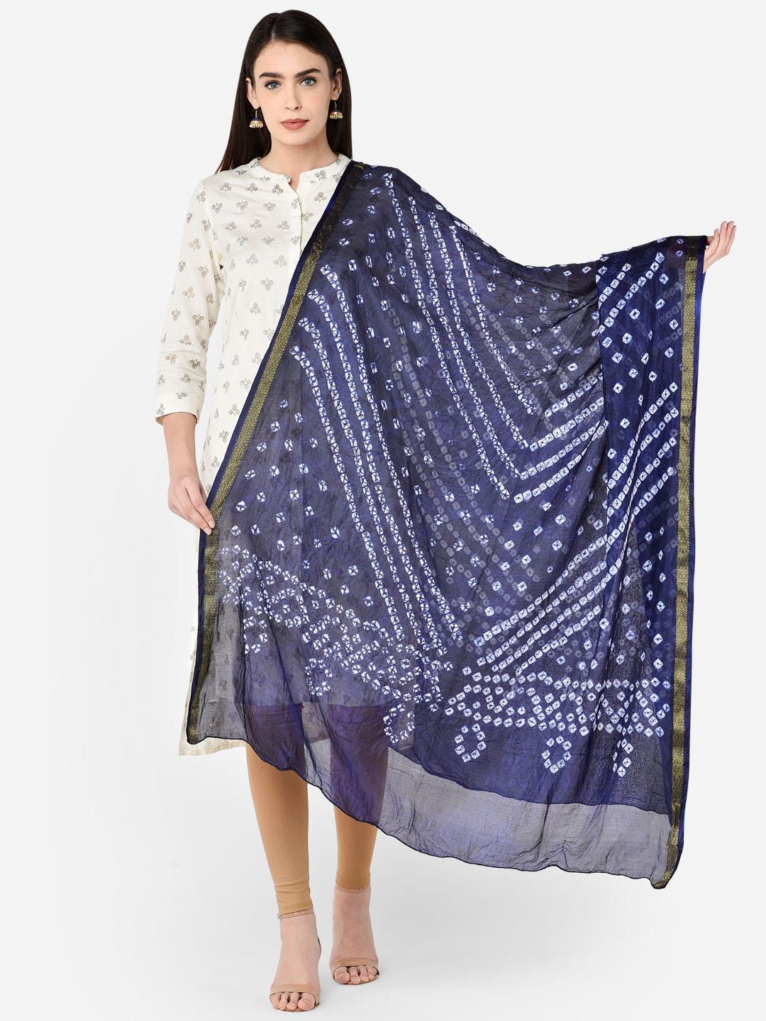 Dupatta Bazaar Navy Blue & White Printed Bandhini Silk Dupatta Price in India