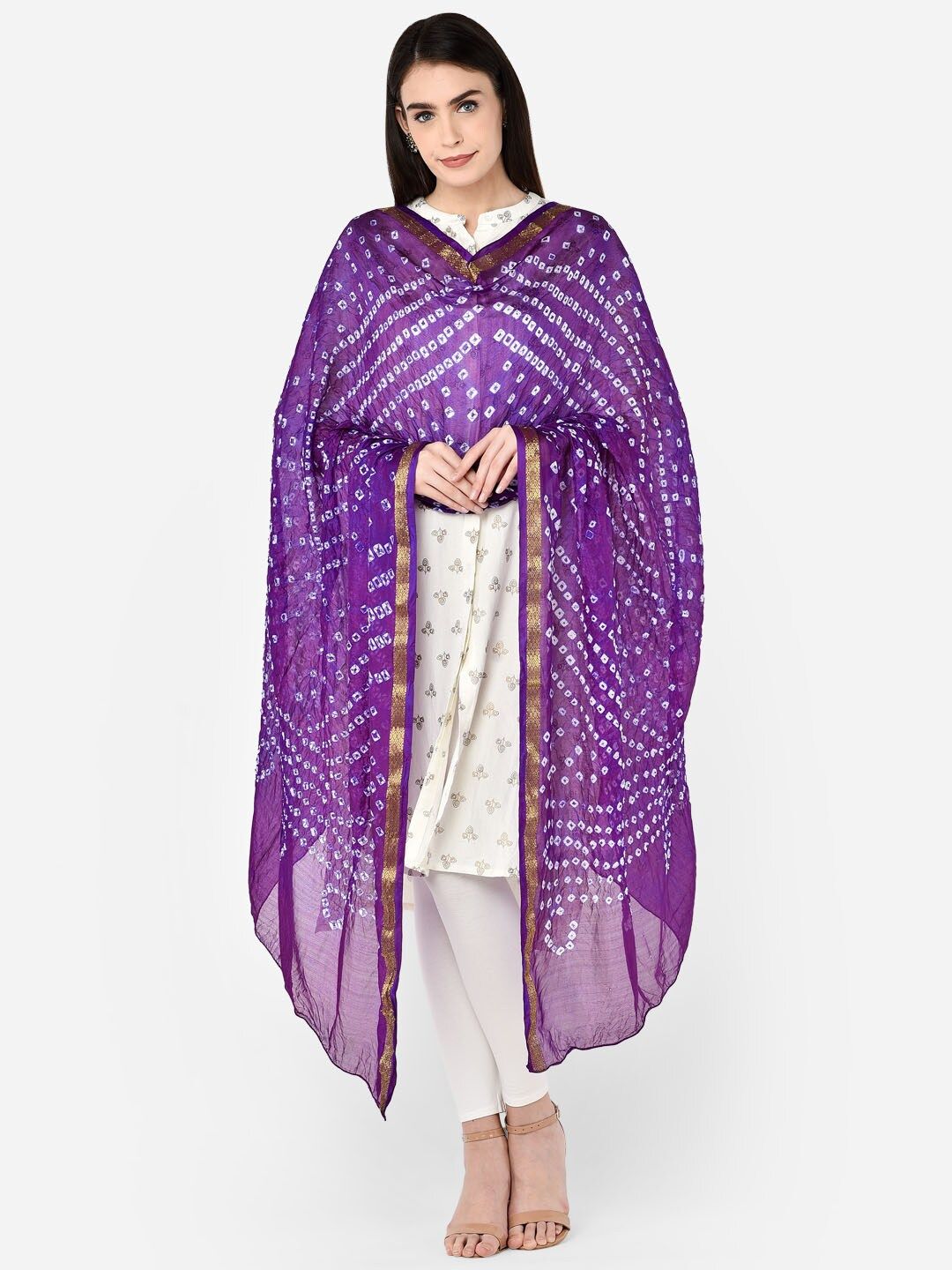 Dupatta Bazaar Purple & White Printed Bandhini Silk Blend Dupatta Price in India