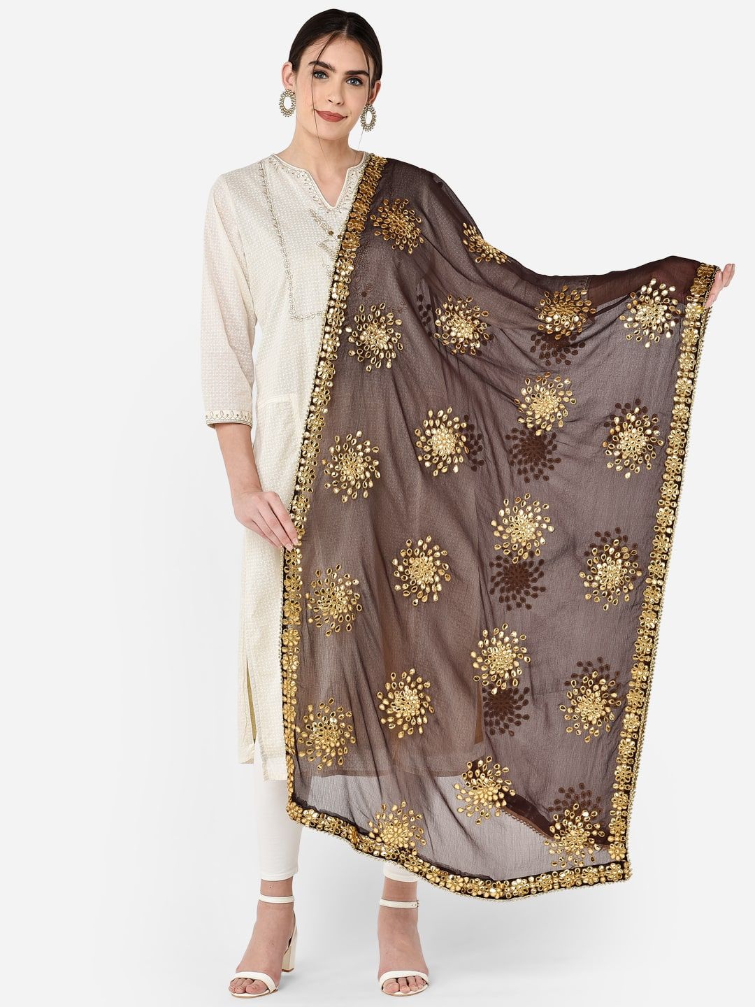 Dupatta Bazaar Coffee Brown & Golden Gota Patti Chiffon Dupatta Price in India