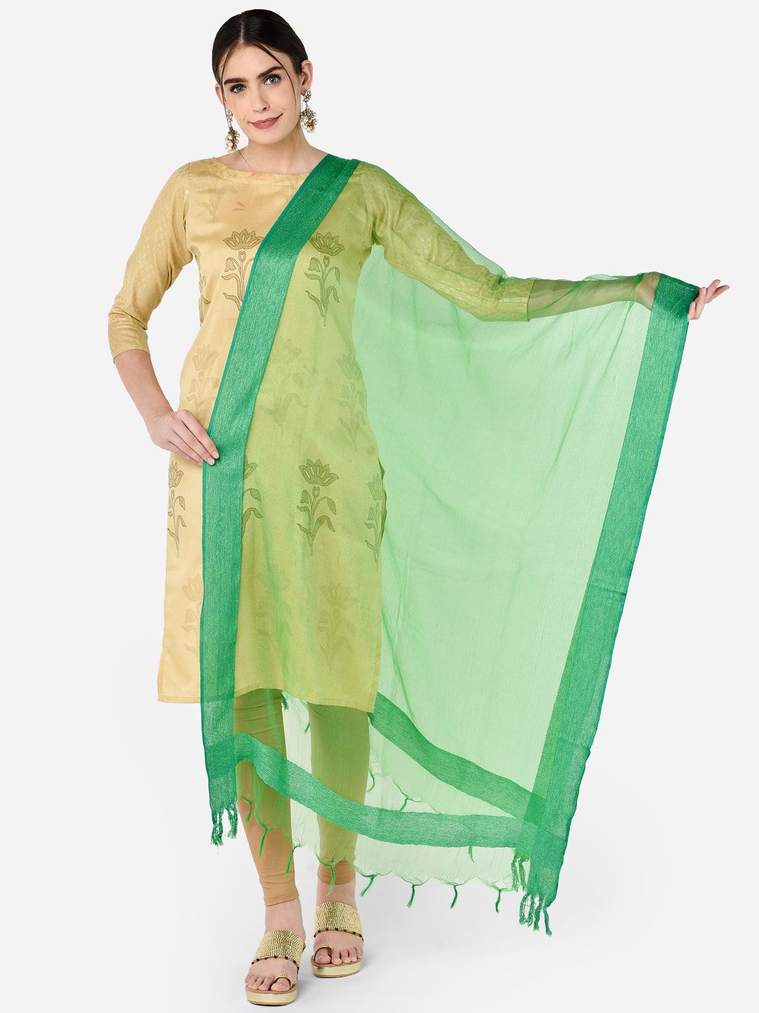 Dupatta Bazaar Green Solid Organza Dupatta Price in India