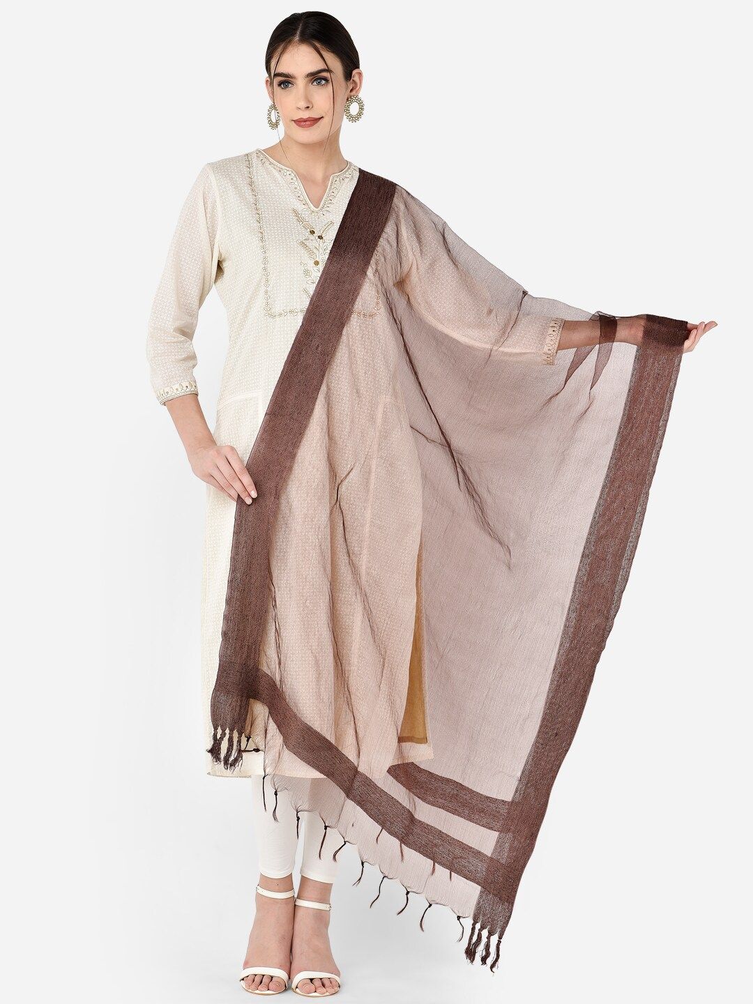 Dupatta Bazaar Beige Solid Organza Jute Border Dupatta Price in India