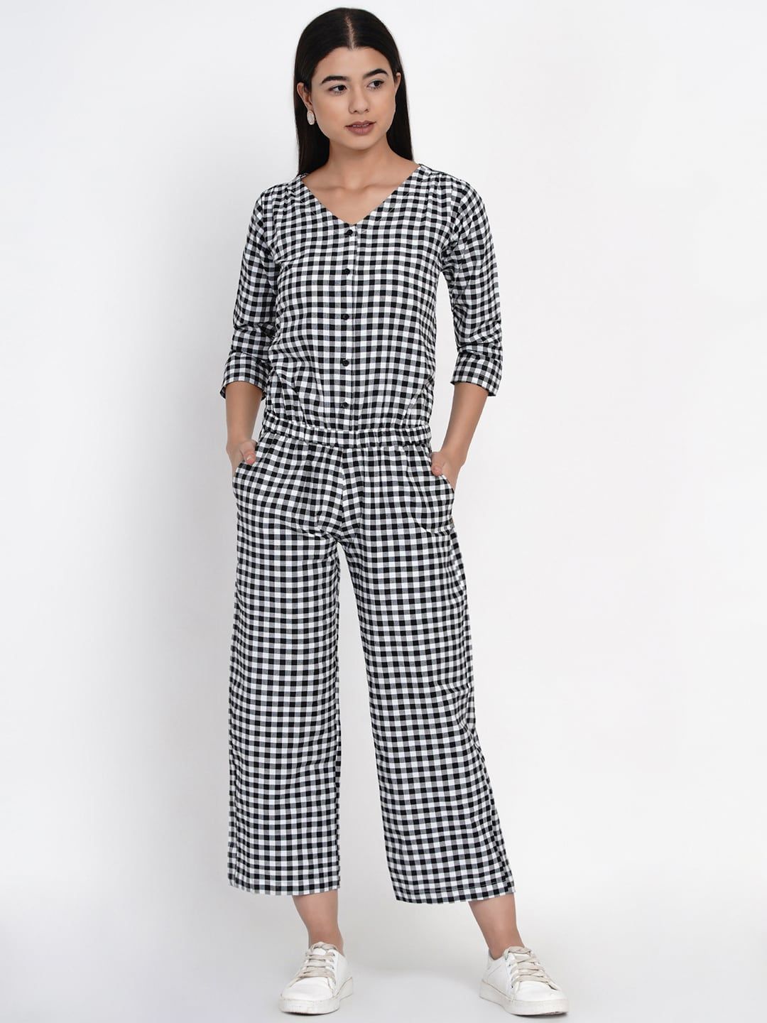 FABNEST Women Black & White Checked Cotton Jumpsuit Price in India