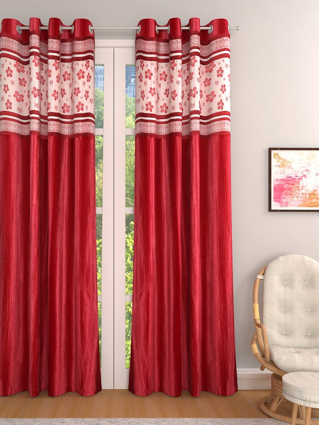ROMEE Red & Beige Single Jacquard Room Darkening Door Curtain Price in India