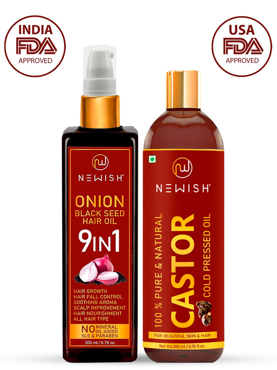 NEWISH Red Onion Black Seed Oil & Newish Organic Cold Pressed Castor Oil Price in India