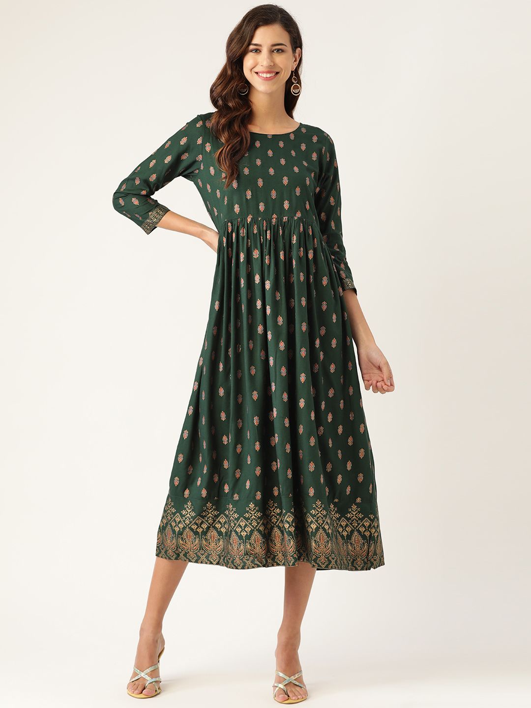 Shae by SASSAFRAS Green & Golden Ethnic Motifs Printed A-Line Midi Dress Price in India