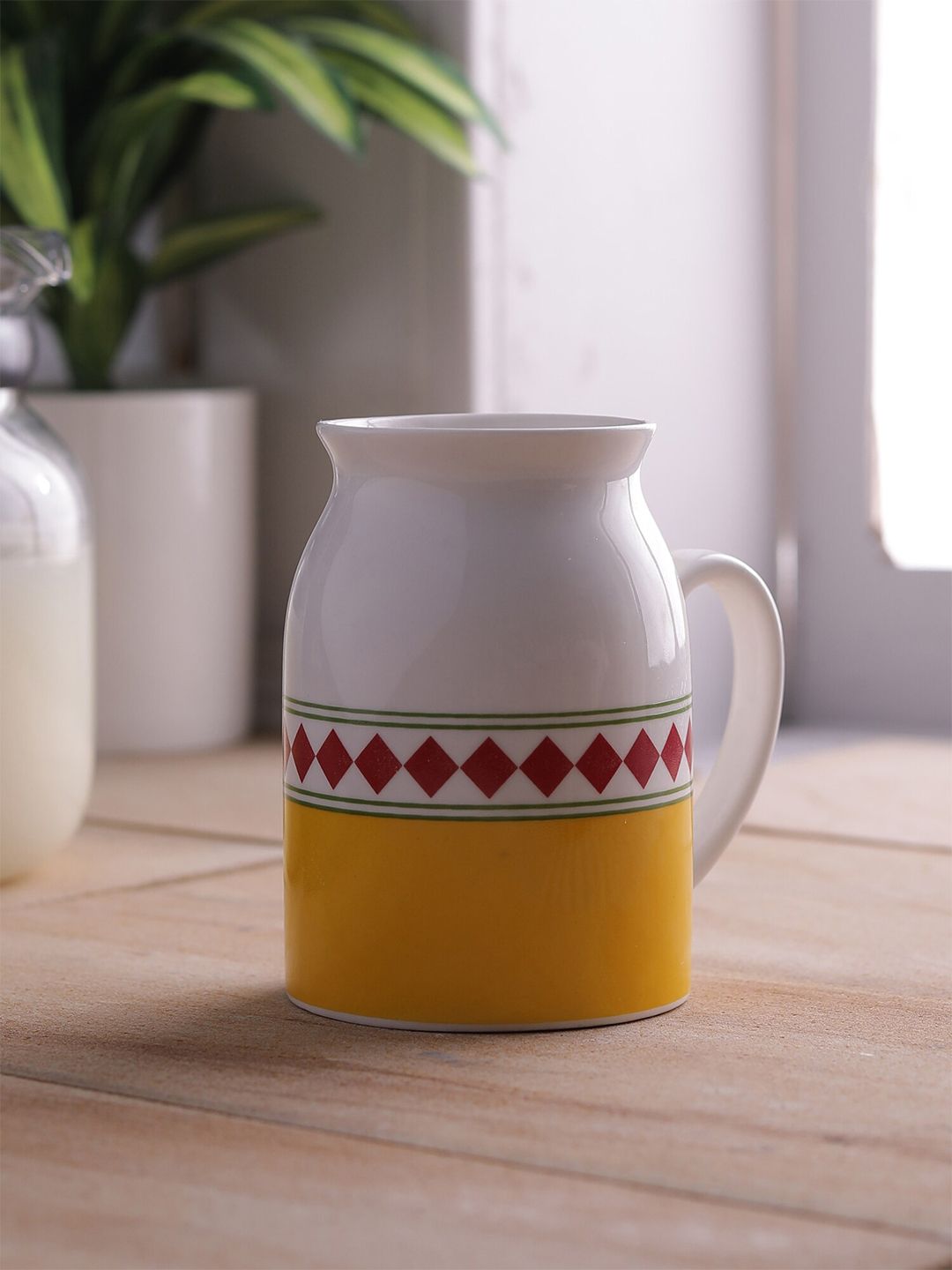 CLAY CRAFT White & Yellow Printed Ceramic Mugs 300 ml Price in India