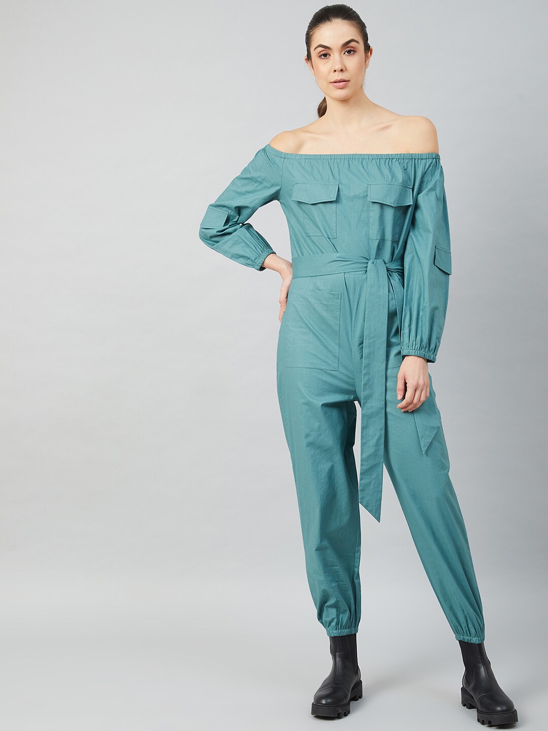 Athena Women Teal Blue Solid Cotton Jumpsuit Price in India