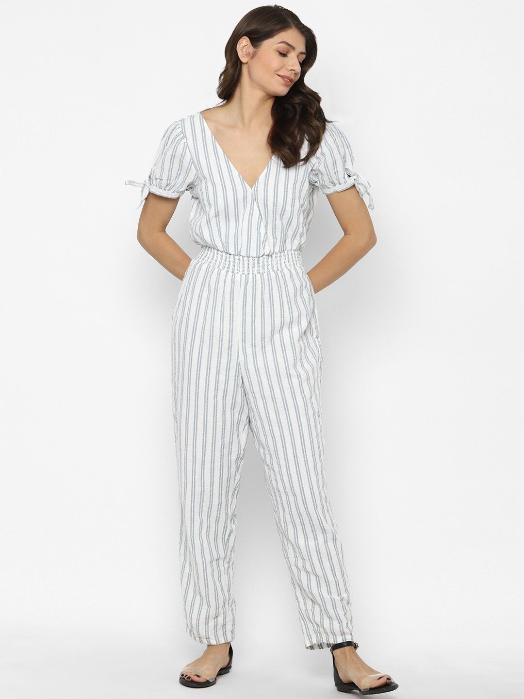 AMERICAN EAGLE OUTFITTERS Women White & Grey Striped Jumpsuit Price in India