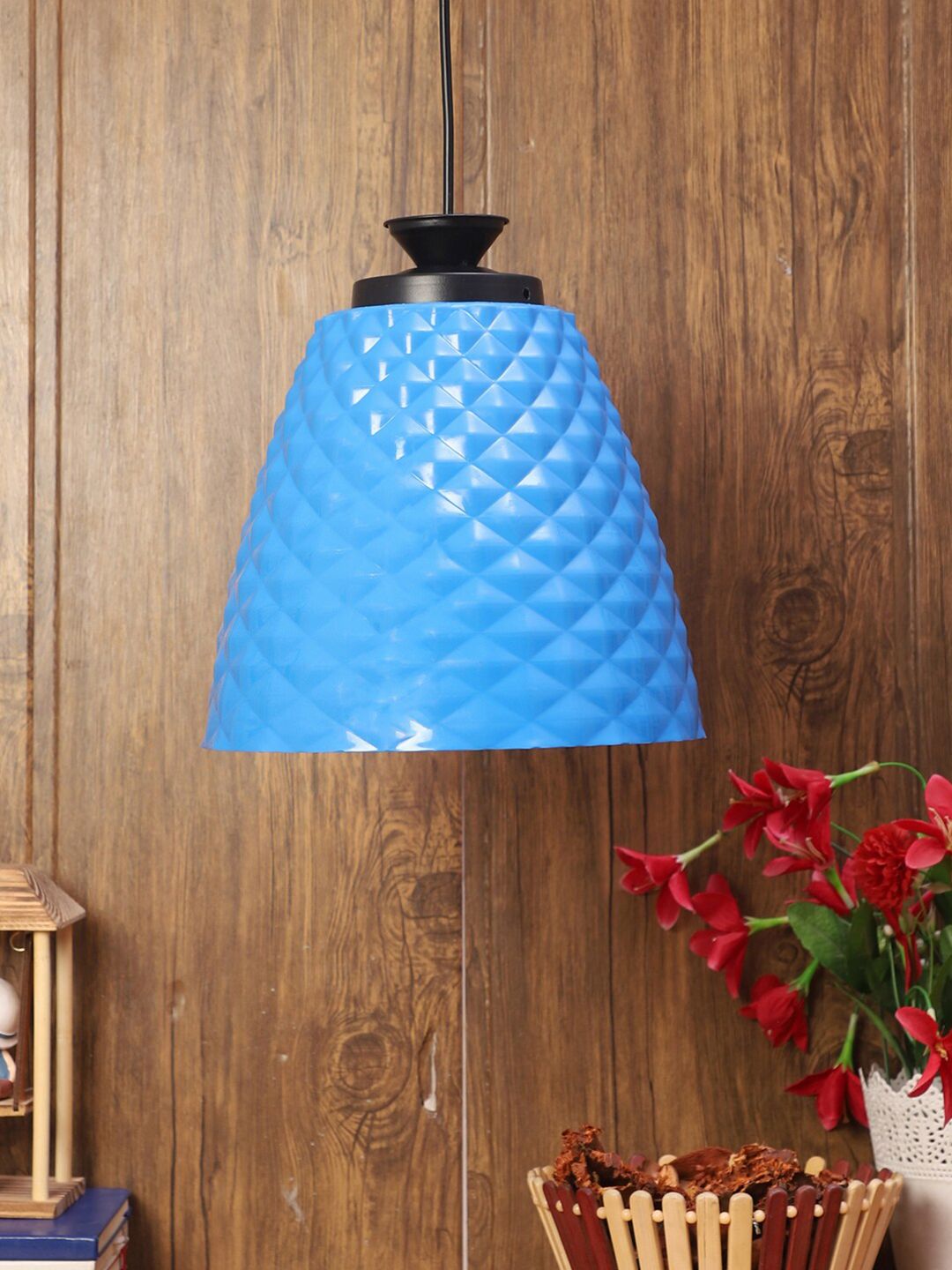 MFD HOME FURNISHING Blue & Black Self Design Traditional Hanging Lamp Price in India