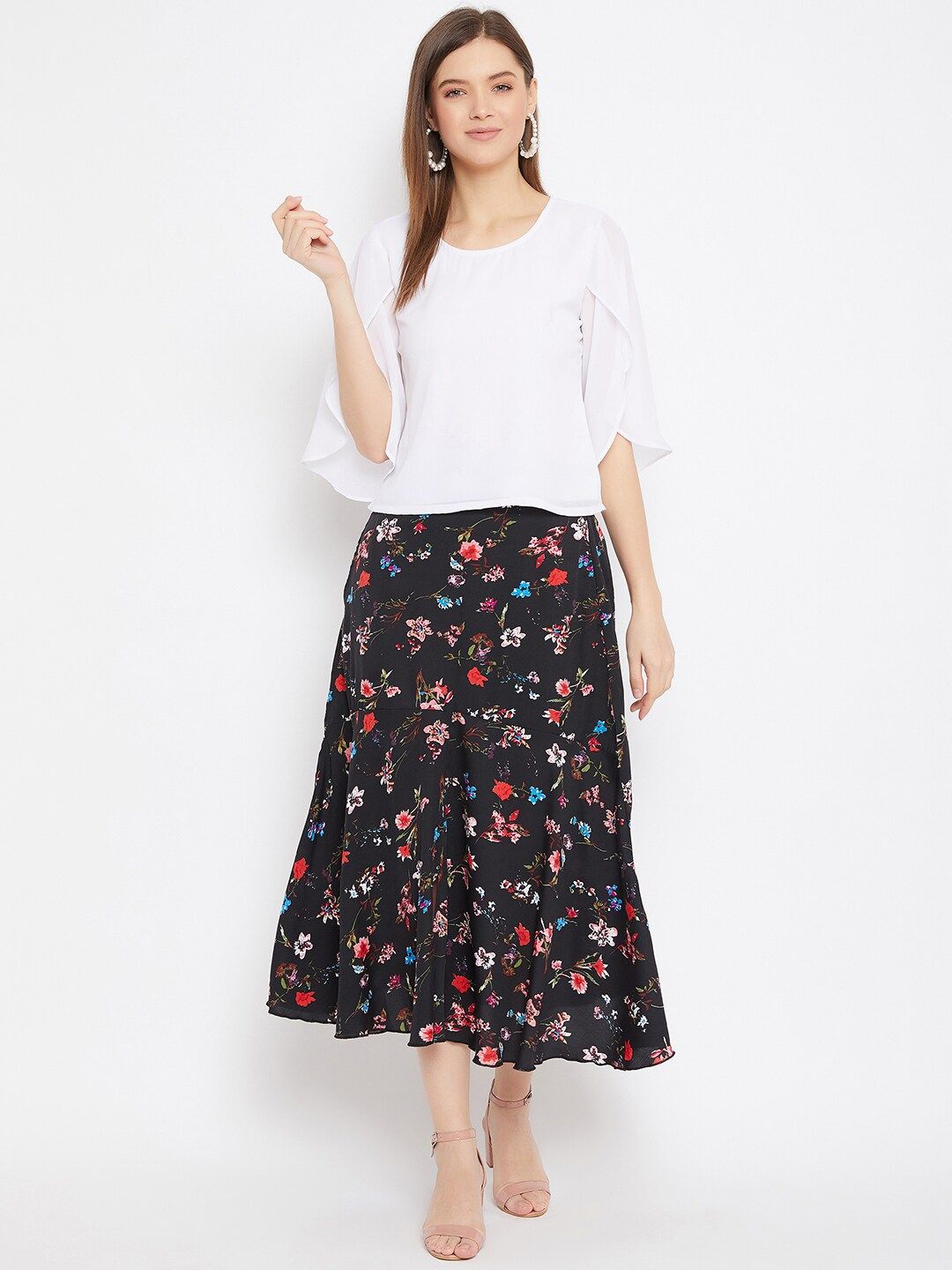 Bitterlime Women White & Black Solid Top with Skirt