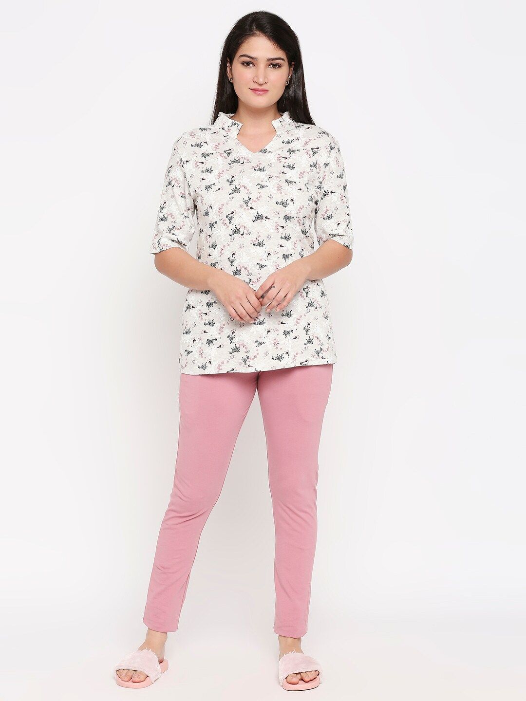 XIN Women Pink & Off-White Printed Night suit Price in India
