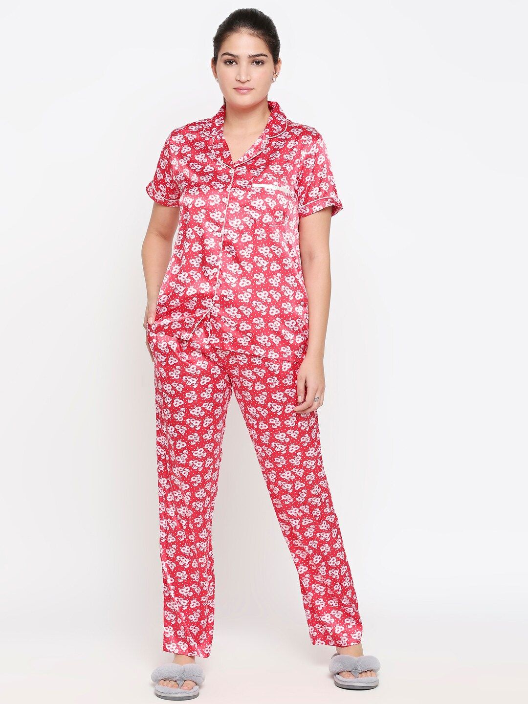 XIN Women Red & Off-White Floral Printed Night Suit Price in India