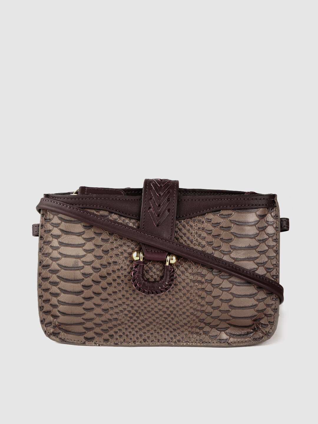 Hidesign Brown & Burgundy Snakeskin Textured Leather Structured Sling Bag Price in India