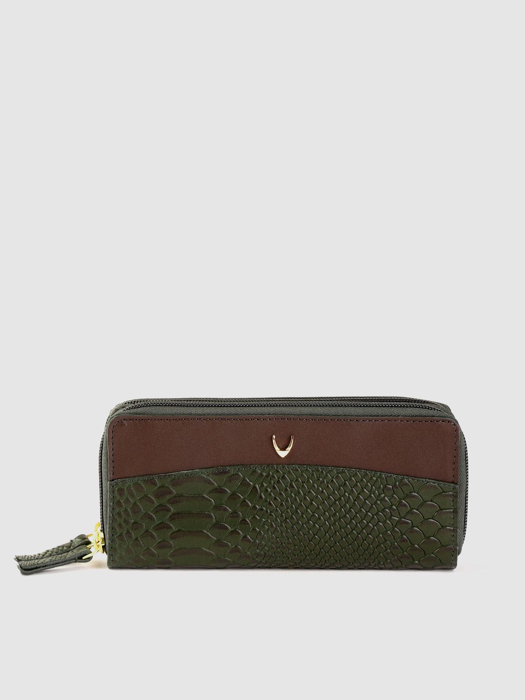 Hidesign Women Olive Green & Burgundy Snakeskin Handcrafted Leather Zip Around Wallet Price in India