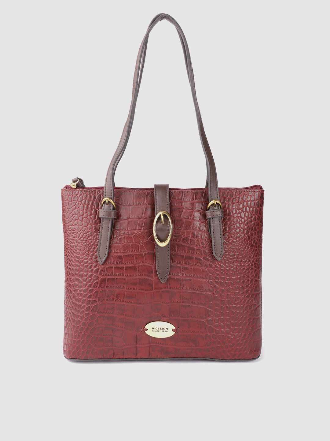 Hidesign Burgundy Handcrafted Croc Textured Leather Structured Shoulder Bag Price in India