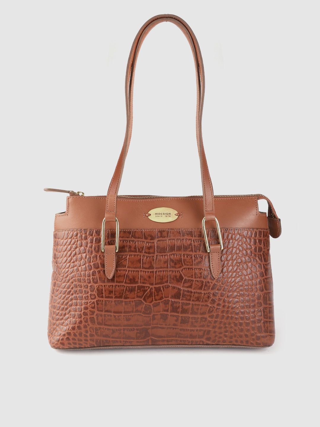 Hidesign Women Brown Croc-Textured Leather Structured Handcrafted Shoulder Bag Price in India
