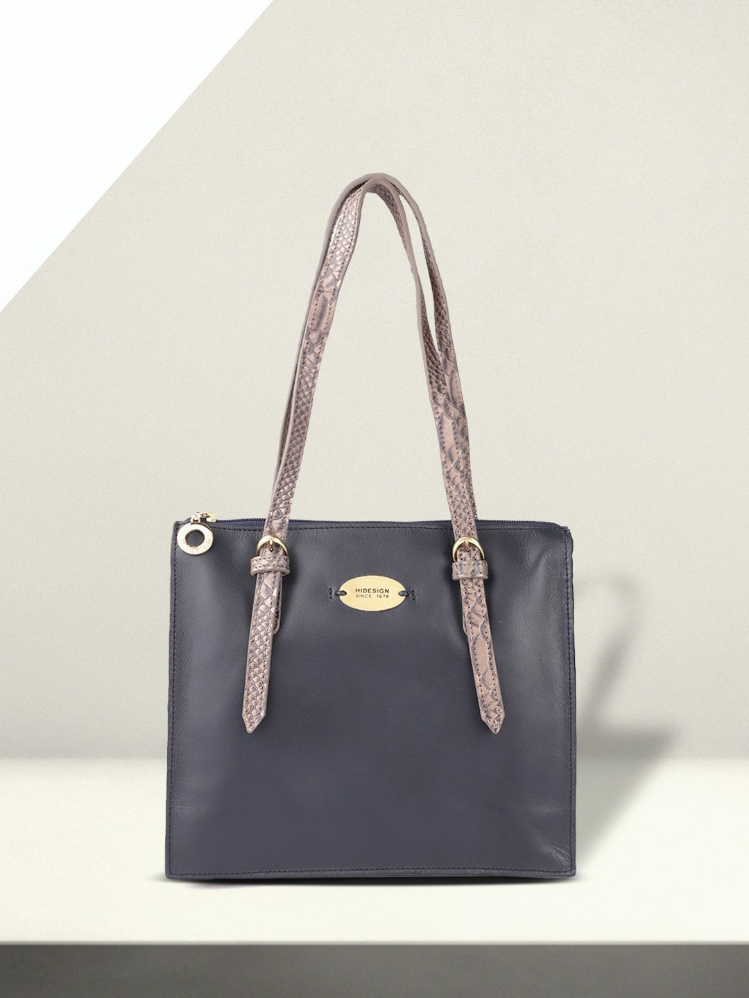 Hidesign Navy Blue & Beige Handcrafted Leather Structured Shoulder Bag Price in India