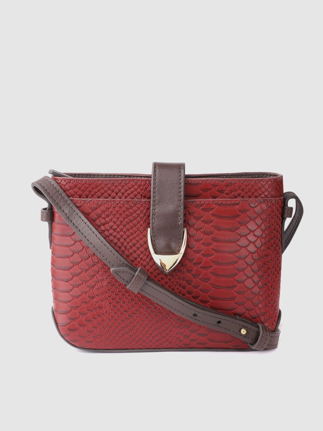 Hidesign Red & Coffee Brown Croc-Textured Leather Sling Bag Price in India