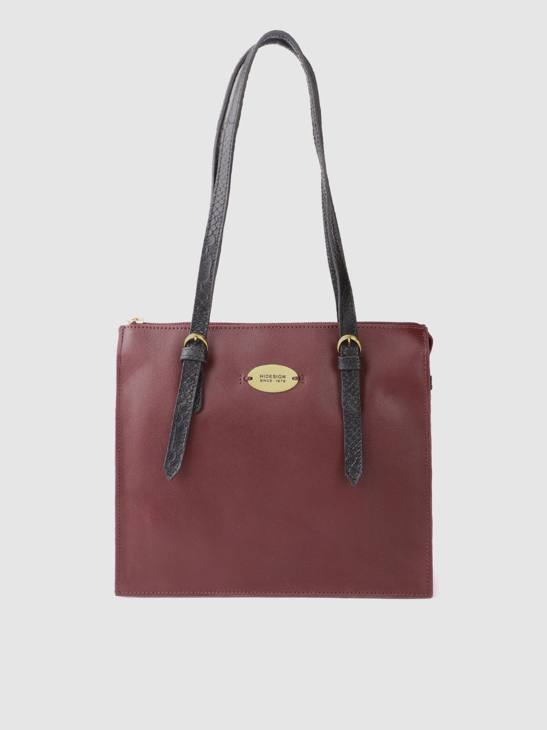 Hidesign Maroon & Black Handcrafted Leather Structured Shoulder Bag Price in India