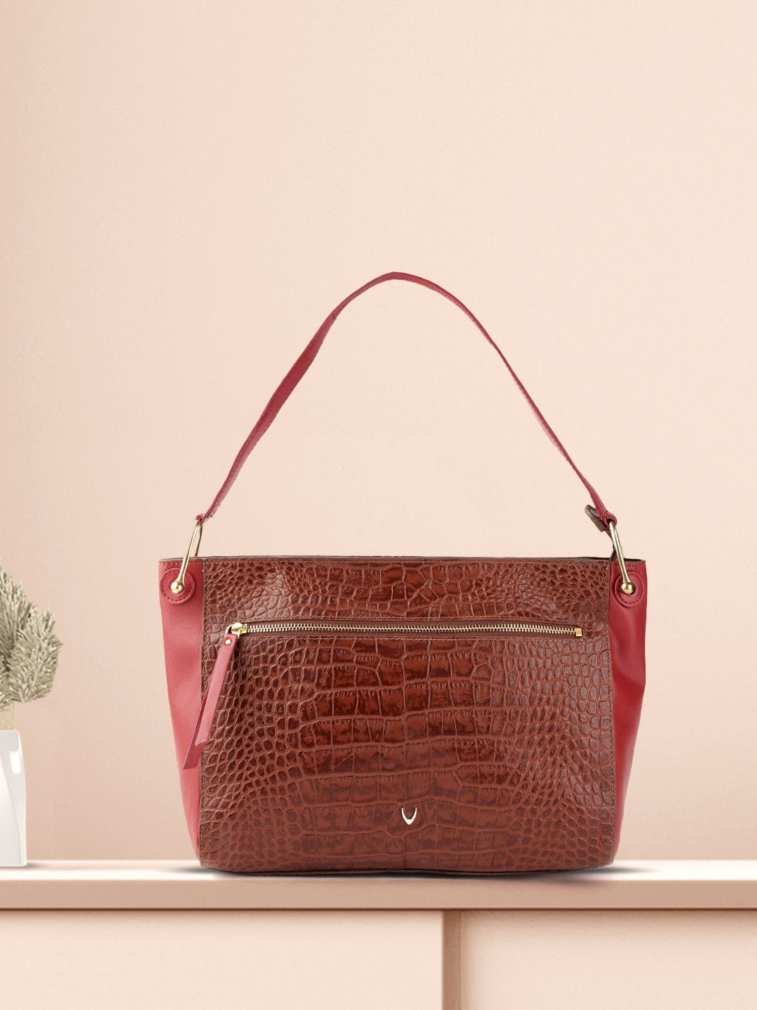 Hidesign Women Brown & Red Croc-Textured Leather Shoulder Bag Price in India